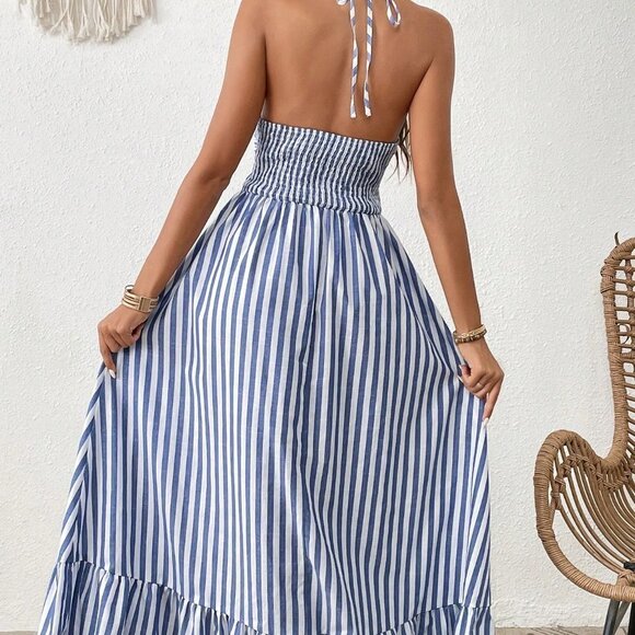 Blue and White Sexy Women's Vacation Striped Print Cut Out Ruffle Hem One Piece - Picture 3 of 5